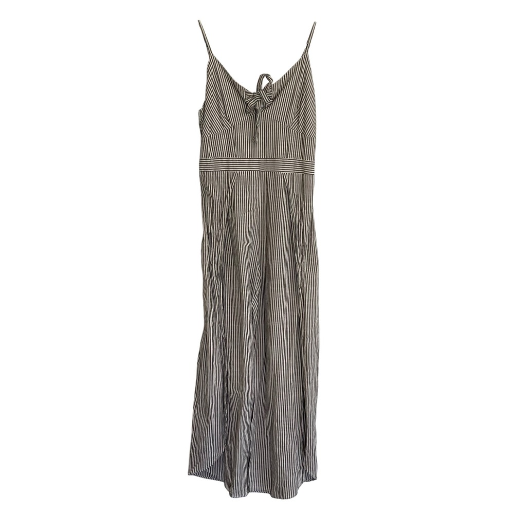 Japna Womens Gray White‎ Striped Wide Leg Cotton Jumpsuit Tie Front Size L Slit
